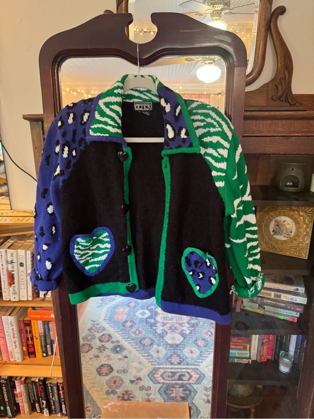 Women's “Art You Can Wear” Colorblock Heart-Pocket Cardigan Sweater